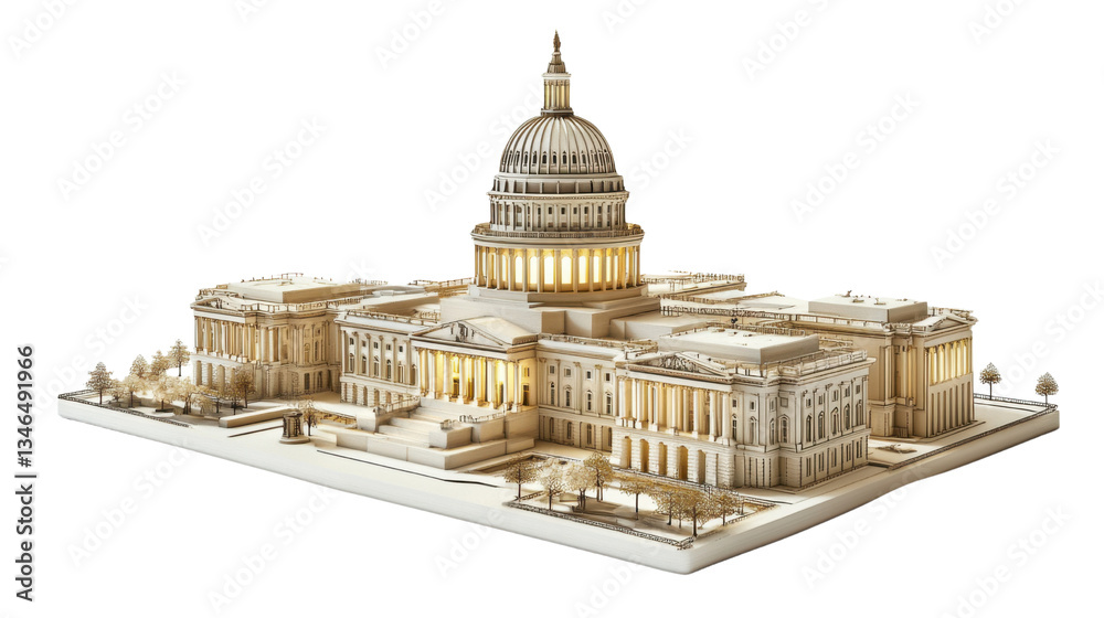 Fototapeta premium Night view of United States of America capital building isolated on white background 