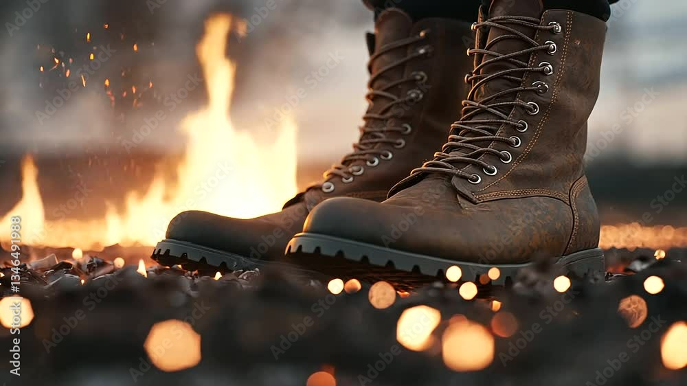 Veterans’ boots beside Independence Day fire with embers rising