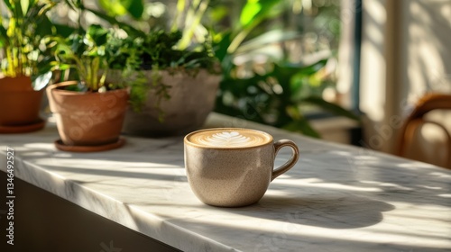 Coffee Cup with Latte Art Surrounded by Greenery and Plants