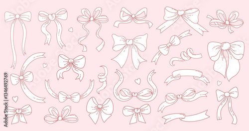 Vintage Coquette Aesthetic Outline Ribbon Bow set. Whimsy Romantic Girly Vibe. Vector illustration. Isolated Trendy various accessories elements on pink background. Line hand drawings