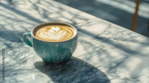 Beautiful Latte Art in Turquoise Mug on Marble Table Surface