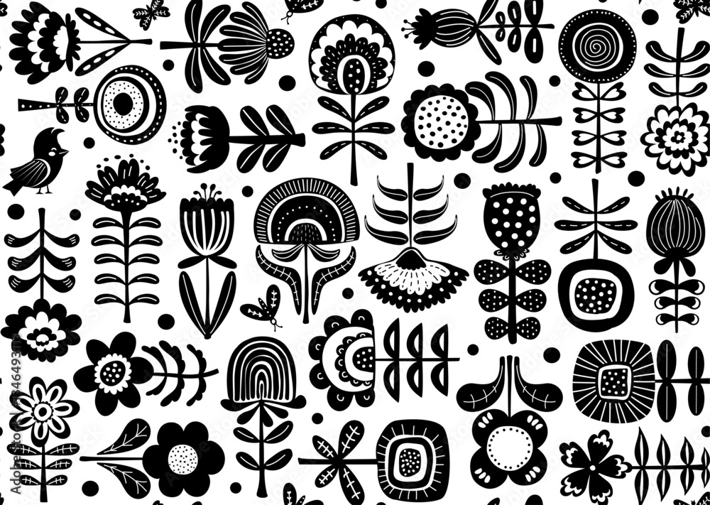 black and white hand drawn scandi nordic folk art style flowers garden seamless pattern, vector illustration repeat design print
