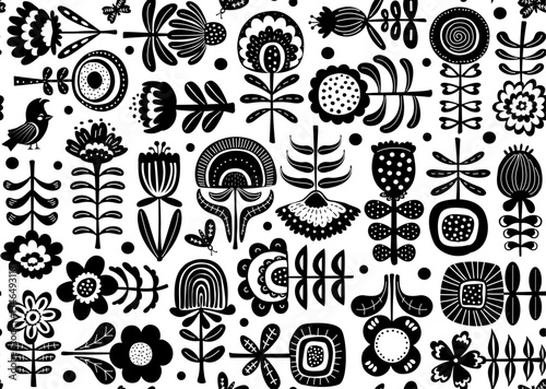 black and white hand drawn scandi nordic folk art style flowers garden seamless pattern, vector illustration repeat design print