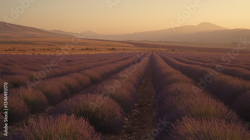 Serene Lavender Fields Under Warm Sunset Sky in Rural Landscape