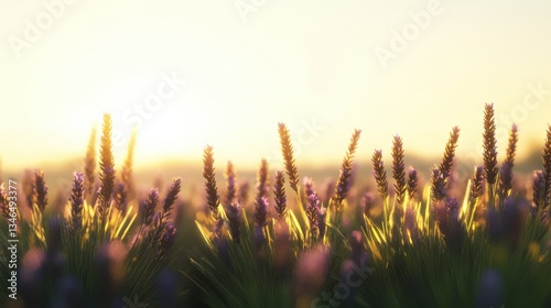 Serene Lavender Field at Sunrise with Gentle Sunlight Rays