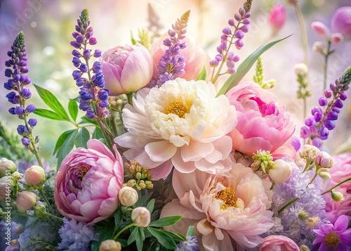 Dreamy floral fusion: blurred peonies, irises, and lupines blend in ethereal beauty.