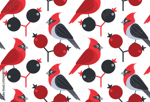 red cardinal bird in scandi folksy art style and wild berries seamless pattern, vector illustration repeat design print
