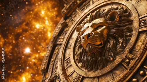 Majestic Golden Lion Symbol on Celestial Background with Stars