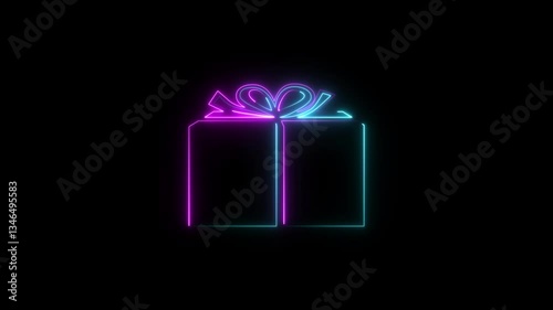 Glowing neon light gift box icon animation on background