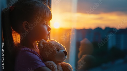 Little Girl with Teddy Bear Gazing at Sunset Through Window