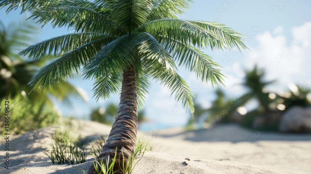 Obraz premium Lush Tropical Palm Tree on Sandy Beach with Clear Blue Sky