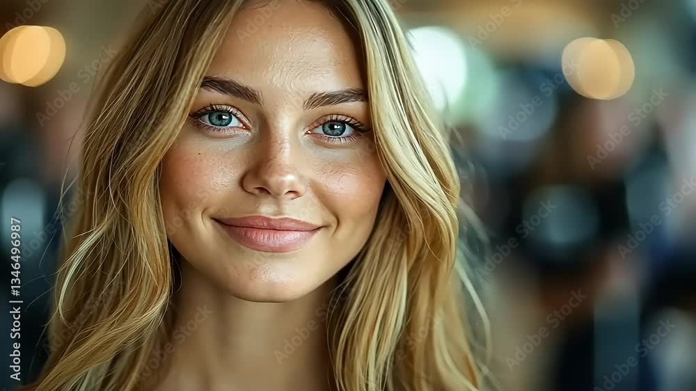 Smiling woman with long hair in a busy background Smiling woman with long hair in a busy background