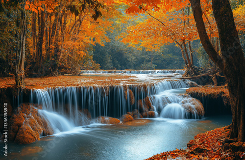 Scenic autumn forest with waterfall in Huai Mae Khamin, Thailand, showcasing vibrant foliage