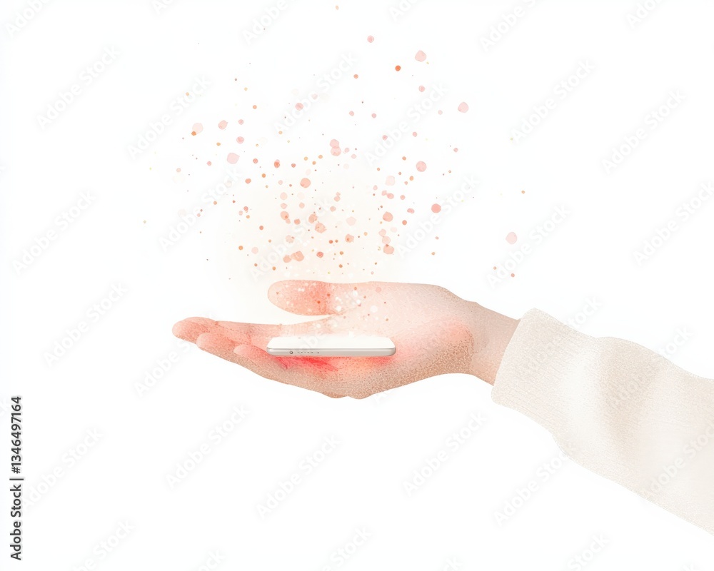 A hand holds a floating smartphone surrounded by colorful particles, symbolizing innovation and creativity in the digital age. Perfect for tech-themed designs.