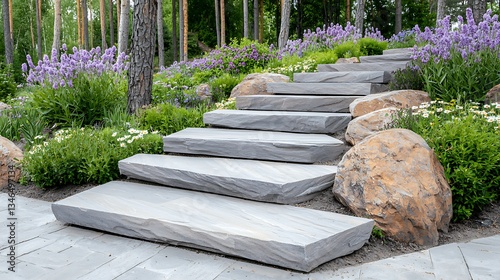 Spring flora pathway nature garden stone steps outdoor serenity perspective of tranquil beauty photo