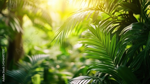 Dense Green Palm Leaves in Sunlight Creating Tropical Atmosphere
