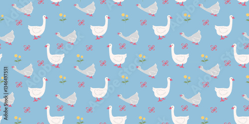 Hand-drawn spring and summer seamless pattern with cute geese, bows, flowers. Funny goose on a blue background. Girly, childish print for fabric, wallpaper, wrapping paper. Vector illustration