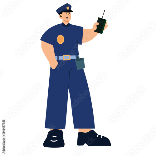 Illustration of a male police officer standing with mobile phone in his hand