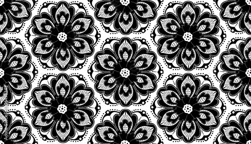 black and white floral medallion in hexagons seamless pattern, vector illustration repeat design