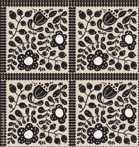 folk art style blooms and botanical branches in checkers seamless pattern, black white on greige vector illustration repeat design