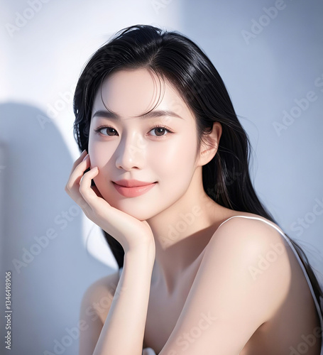 Asian woman with black hair, beauty salon model