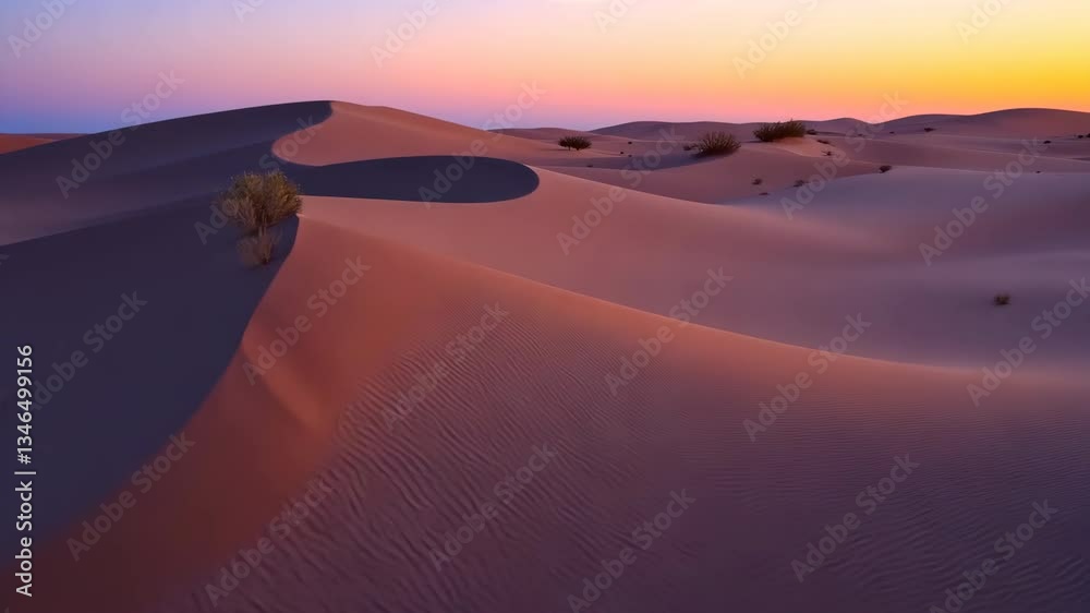 A desert landscape with a beautiful orange and pink sky. The sky is filled with clouds and the sun is setting. The sand dunes are covered in a light dusting of sand and the sky is a mix of blue