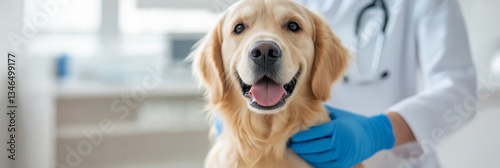 A veterinarian with a golden retriever on a modern background of a zoo clinic with a soft blur. Banner with copy space.