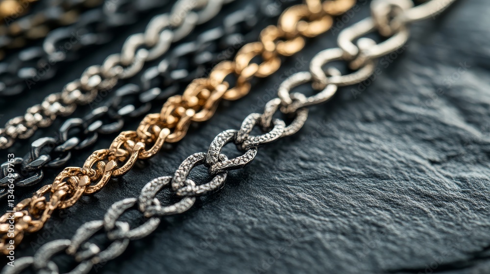 Fototapeta premium Beautiful chain bracelets on black charcoal, closeup