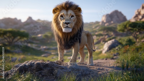Majestic Lion Standing on Rocky Terrain at Sunset in Nature