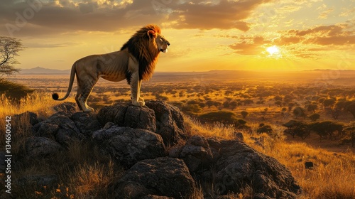 Majestic Lion Silhouetted Against Vibrant Sunset in African Landscape