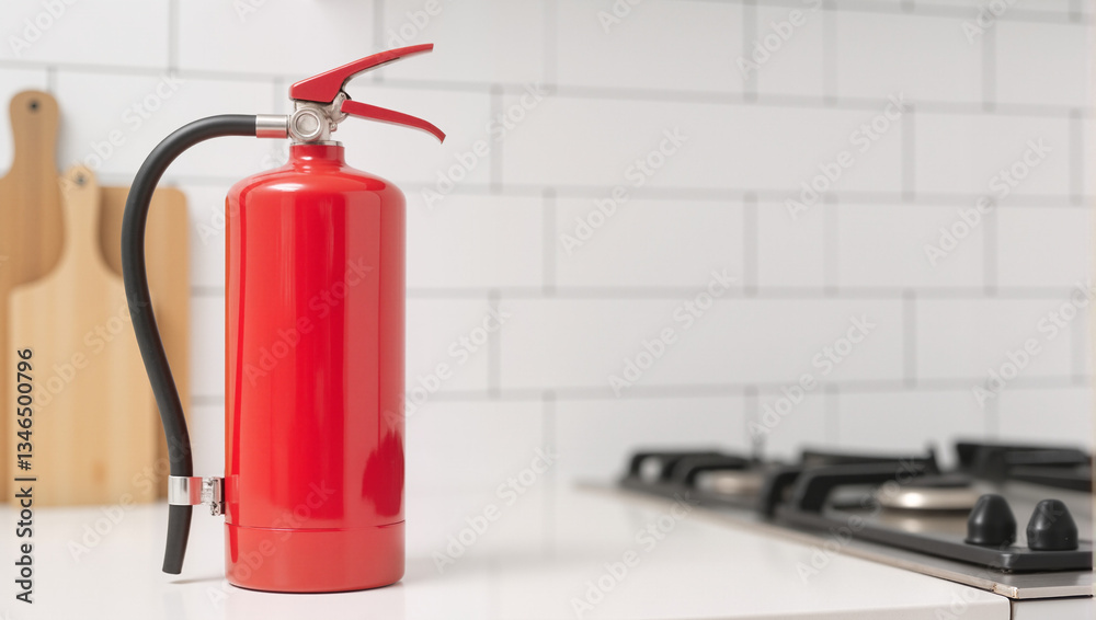 Obraz premium Bright Red Fire Extinguisher in Modern Kitchen – Safety Device for Home Protection and Insurance Renewal