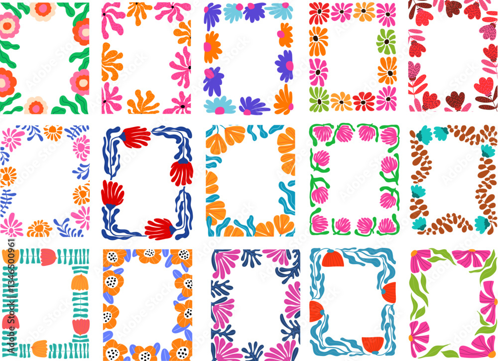 Fototapeta premium groovy funky, modern bold minimalist art flower blooms and foliage leaves borders frames collection,vector illustration graphic set