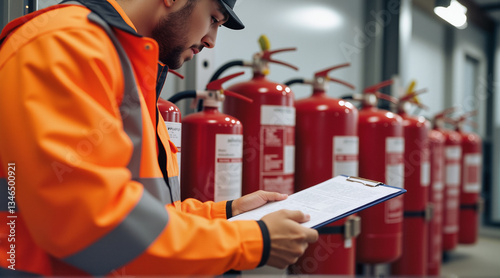 Fire Extinguisher Inspection – Professional Technician with Clipboard for Insurance Renewal and Safety Compliance  