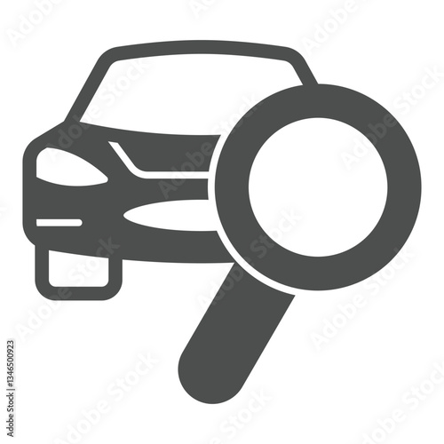 Car with magnifier solid icon, car service concept. Vector graphics. Automobile and magnifying glass, inspecting sign on white background, glyph style icon for mobile or web design.