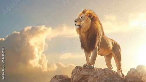Majestic Lion Standing Proudly on Rock Against Sunset Background