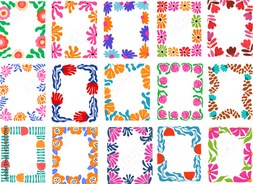 groovy funky, modern bold minimalist art flower blooms and foliage leaves borders frames collection,vector illustration graphic set
