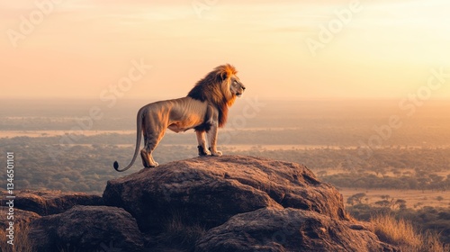 Majestic Lion on Rock Outcrop at Sunset Over African Savanna