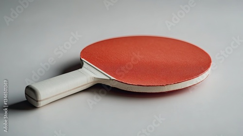 Close-up of a red ping pong paddle with a white handle set against a clean and minimalistic background