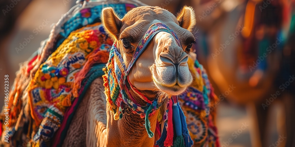 Fototapeta premium Camels adorned with colorful accessories stand in the sunlit desert.