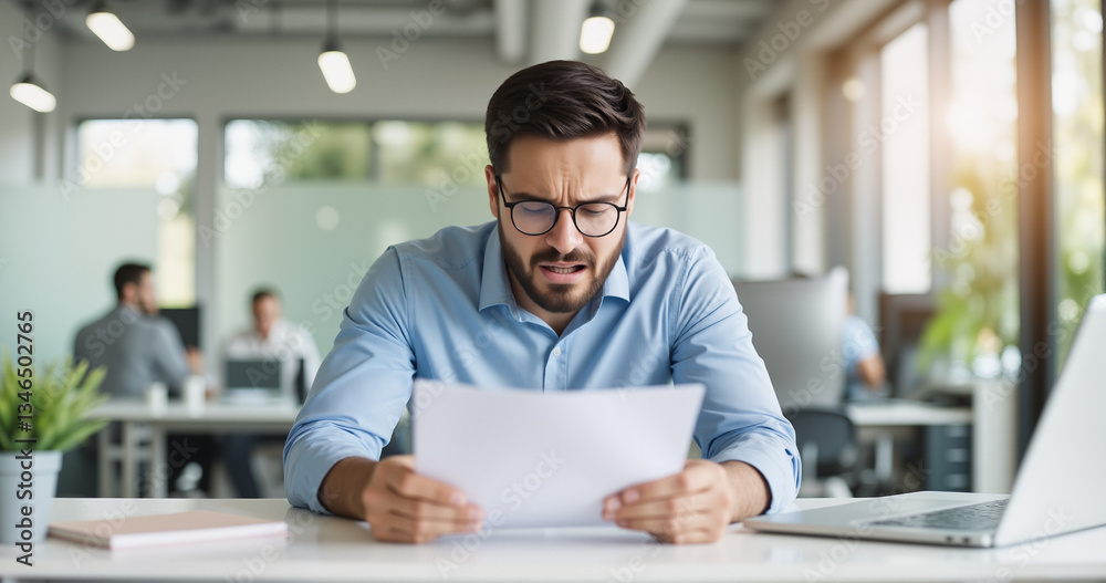 Shocked Businessman Reading Tax Document at Office Desk – Financial Stress Concept for Income Tax Return Content Shocked Businessman Reading Tax Document at Office Desk – Financial Stress Concept for Income Tax Return Content