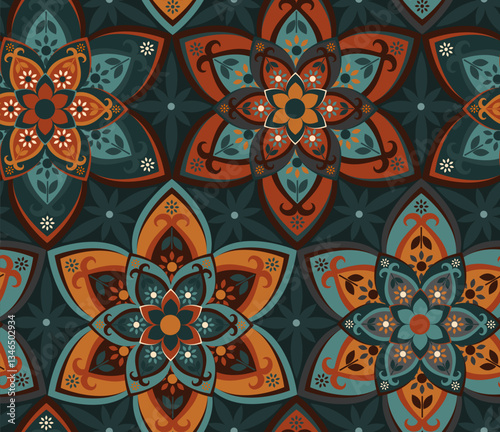boho moroccan mediterranean star flowers tiles seamless pattern in earthy brown terracotta viridian teal ochre color palette, vector illustration repeat design print