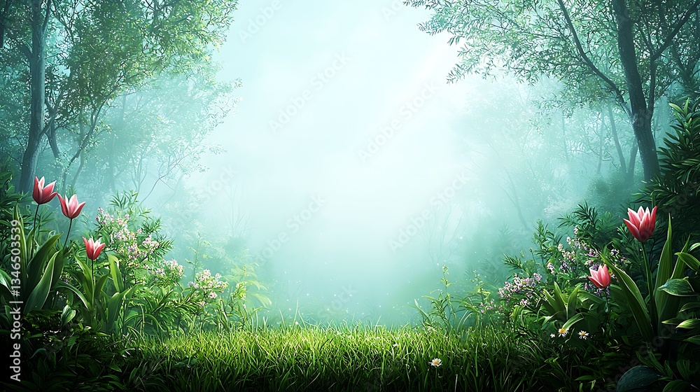 Fototapeta premium Spring flora blooming in nature's misty landscape enchanting flowers in a lush environment
