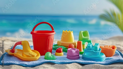 Set of colorful beach toys for children, including a red bucket, yellow shovel, and molds, set on a beach towel with the ocean behind. photo