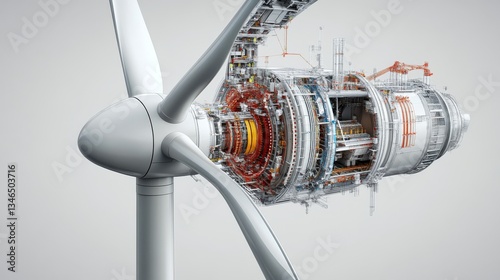 A 3D cutaway of a wind turbine, revealing its machinery and internal components. 