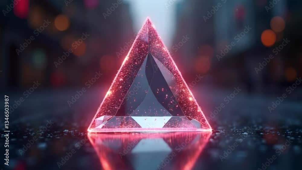 A luminous triangle stands gracefully amidst the city backdrop, radiating elegance