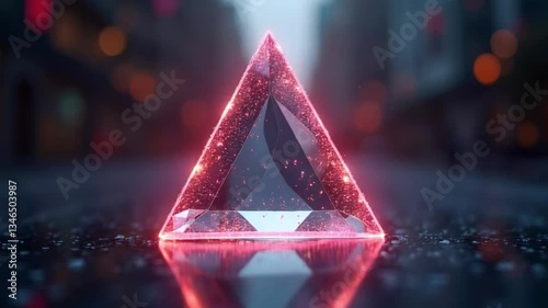 A luminous triangle stands gracefully amidst the city backdrop, radiating elegance