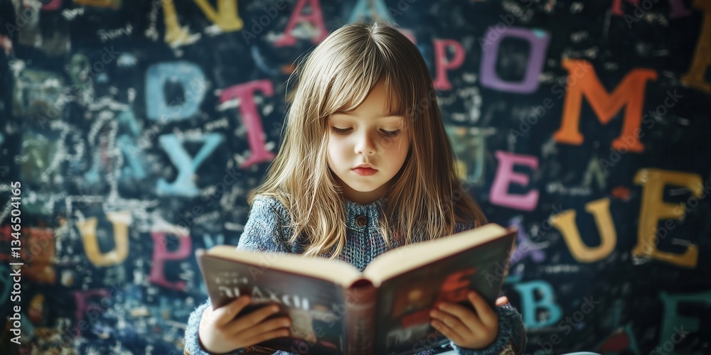 Fototapeta premium Little child reading a book with magical glowing letters around them. Encouraging kids to read books.