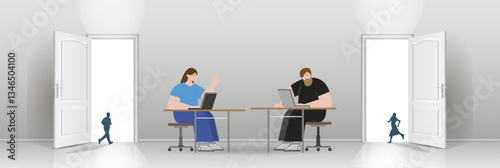 Self-education opens up new business and career opportunities.
 An open door is a symbol of new opportunities. Vector image