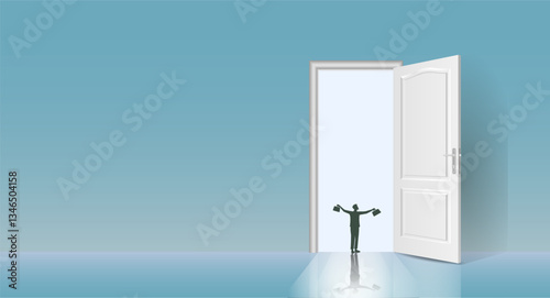Moving forward, new business and career opportunities are opening up. An open door is a symbol of new opportunities. Vector image, space for text