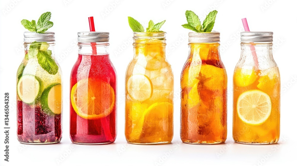 Several glass bottles filled with refreshing drinks such as lemonade, iced tea, and fruit punch, isolated on a white background. Several glass bottles filled with refreshing drinks such as lemonade, iced tea, and fruit punch, isolated on a white background.